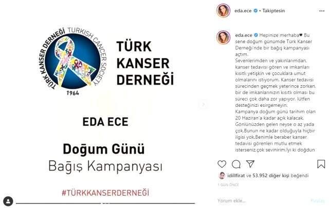 Doğum gününde hediye istemeyen Eda Ece, kanser hastaları için bağış kampanyası başlattı Doğum gününde hediye istemeyen Eda Ece, kanser hastaları için bağış kampanyası başlattı