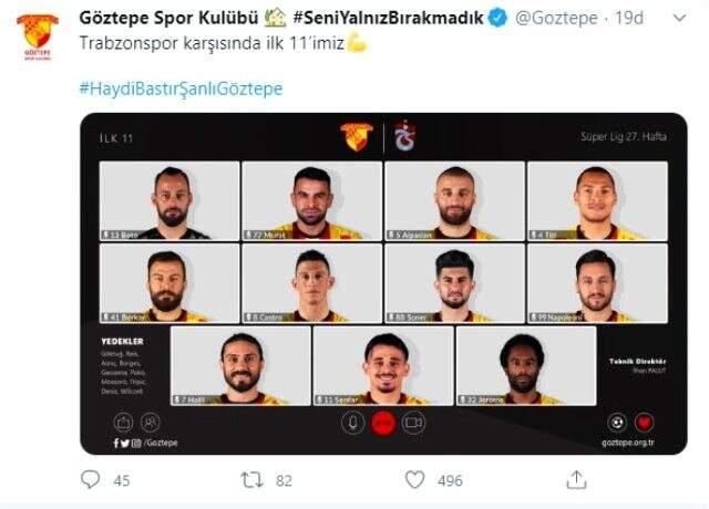 Göztepe, Trabzonspor maçının ilk 11'ini 'Çevrimiçi toplantı' programı görseliyle duyurdu Göztepe, Trabzonspor maçının ilk 11'ini 'Çevrimiçi toplantı' programı görseliyle duyurdu