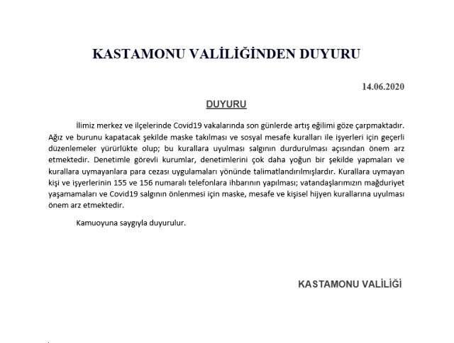 Kastamonu'da koronavirüs vakaları artınca Valilik'ten uyarı geldi Kastamonu'da koronavirüs vakaları artınca Valilik'ten uyarı geldi