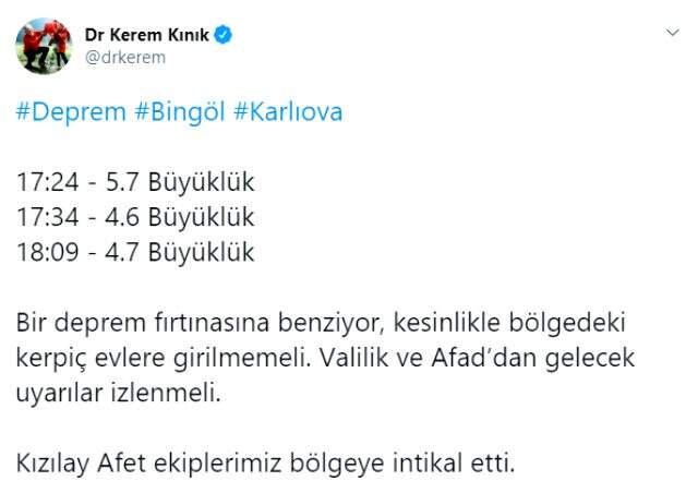 Kızılay Başkanı: Bingöl'deki sarsıntılar, deprem fırtınasına benziyor
