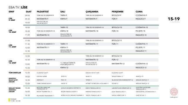 EBA TV lise haftalık ders programı nedir? Ortaokul ders programında bu hafta hangi dersler ve konular var? EBA TV 15 Haziran haftası programı!