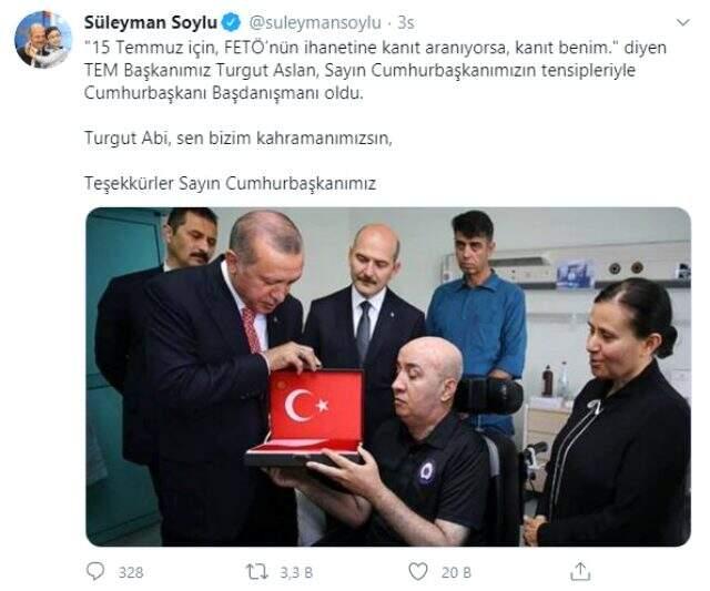 Bakan Soylu'dan Turgut Aslan paylaşımı geldi: Sen bizim kahramanımızsın Bakan Soylu'dan Turgut Aslan paylaşımı geldi: Sen bizim kahramanımızsın