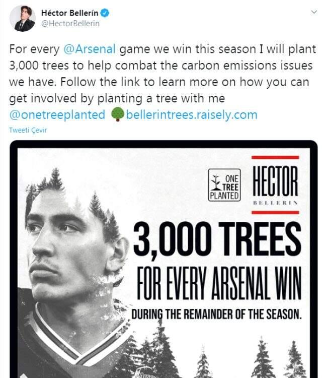 Hector Bellerin'den alkış toplayan kampanya: Her galibiyete 3 bin ağaç Hector Bellerin'den alkış toplayan kampanya: Her galibiyete 3 bin ağaç