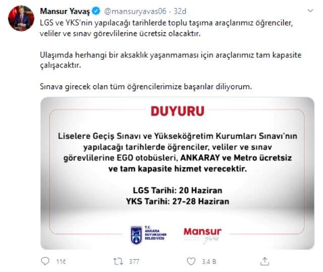 Ankara'da LGS ve YKS'nin yapılacağı tarihlerde toplu taşıma ücretsiz