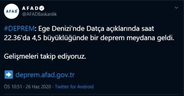 Ege Denizi'nin Datça açıklarında 4,5 büyüklüğünde deprem meydana geldi Ege Denizi'nin Datça açıklarında 4,5 büyüklüğünde deprem meydana geldi