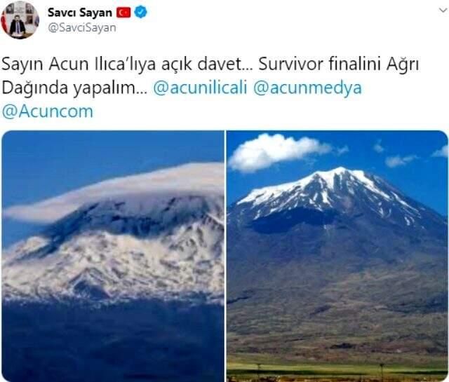 Savcı Sayan'dan Acun Ilıcalı'ya davet: Survivor finalini Ağrı Dağı'nda yapalım Savcı Sayan'dan Acun Ilıcalı'ya davet: Survivor finalini Ağrı Dağı'nda yapalım