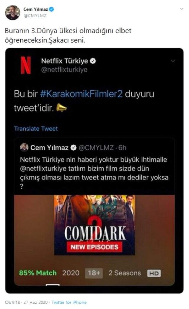 Cem Yılmaz'dan kendi filminin duyurusunu yapmayan Netflix'e tepki: Tweet atma mı dediler Cem Yılmaz'dan kendi filminin duyurusunu yapmayan Netflix'e tepki: Tweet atma mı dediler