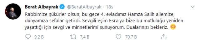 Bakan Berat Albayrak 4'üncü kez baba oldu Bakan Berat Albayrak 4'üncü kez baba oldu