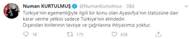 Son Dakika: AK Parti'den ABD'nin Ayasofya çağrısına yanıt: Dışarıdan birilerinin tavsiye ve çağrılarına ihtiyacımız yoktur Son Dakika: AK Parti'den ABD'nin Ayasofya çağrısına yanıt: Dışarıdan birilerinin tavsiye ve çağrılarına ihtiyacımız yoktur