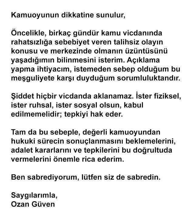Sevgilisini darp ettiği öne sürülen Ozan Güven'den yeni açıklama: Ben sabrediyorum, lütfen siz de sabredin Sevgilisini darp ettiği öne sürülen Ozan Güven'den yeni açıklama: Ben sabrediyorum, lütfen siz de sabredin