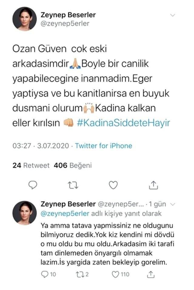 Zeynep Beşerler'den sevgilisini dövdüğü söylenen Ozan Güven'e destek