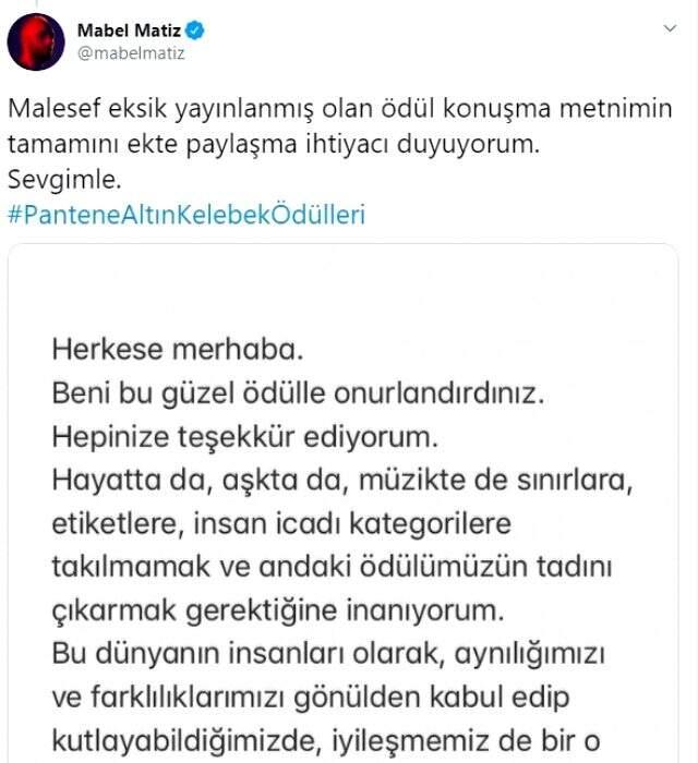 En İyi Erkek Şarkıcı ödülünü alan Mabel Matiz'in ödül konuşması eksik yayınlandı En İyi Erkek Şarkıcı ödülünü alan Mabel Matiz'in ödül konuşması eksik yayınlandı