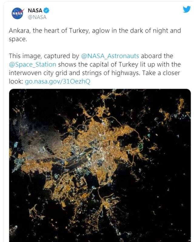 NASA, Ankara'nın astronot tarafından çekilmiş fotoğrafını paylaştı NASA, Ankara'nın astronot tarafından çekilmiş fotoğrafını paylaştı