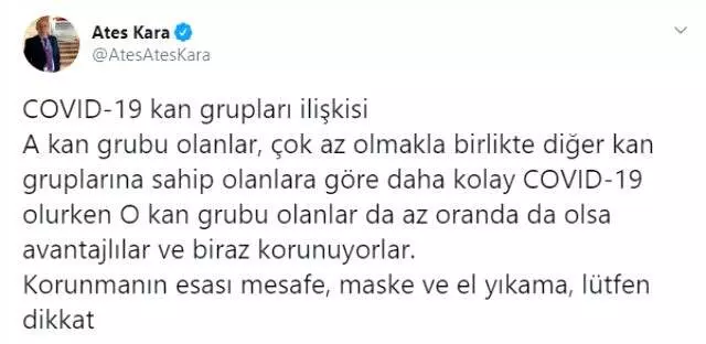 Bilim Kurulu Üyesi Ateş Kara, koronavirüs için avantajlı ve dezavantajlı kan gruplarını paylaştı Bilim Kurulu Üyesi Ateş Kara, koronavirüs için avantajlı ve dezavantajlı kan gruplarını paylaştı