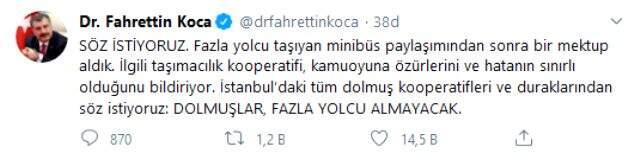 Sağlık Bakanı Koca'dan dolmuş kooperatiflerine çağrı: Söz istiyoruz, dolmuşlar fazla yolcu almayacak Sağlık Bakanı Koca'dan dolmuş kooperatiflerine çağrı: Söz istiyoruz, dolmuşlar fazla yolcu almayacak
