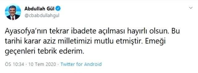 Son Dakika: 11. Cumhurbaşkanı Abdullah Gül'den Ayasofya kararına ilk yorum: Emeği geçenleri tebrik ederim Son Dakika: 11. Cumhurbaşkanı Abdullah Gül'den Ayasofya kararına ilk yorum: Emeği geçenleri tebrik ederim