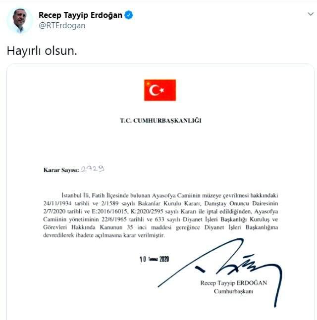 Son Dakika: Ayasofya'da ibadet yolu açıldı! Bakanlar Kurulu'nun 1934 tarihli müze kararı iptal edildi