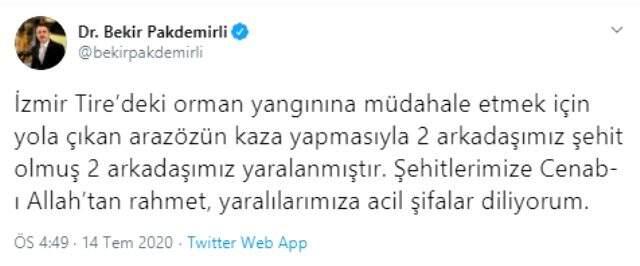 Son Dakika: Tire'deki orman yangınına müdahale etmek için yola çıkan araç kaza yaptı: 2 şehit, 2 yaralı Son Dakika: Tire'deki orman yangınına müdahale etmek için yola çıkan araç kaza yaptı: 2 şehit, 2 yaralı