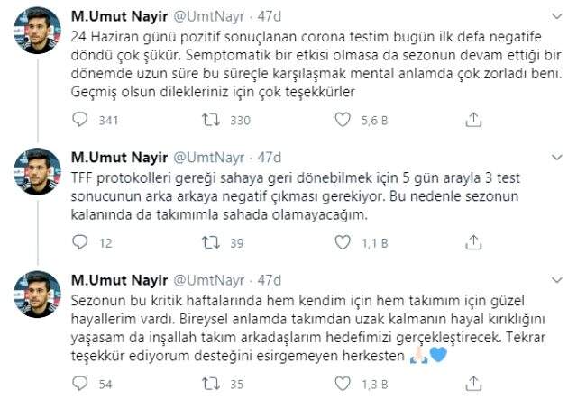 Koronavirüse yakalanan Beşiktaşlı Umut Nayir, son testin sonucunun negatif olduğunu paylaştı