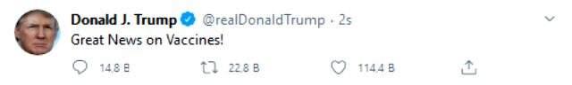 Trump'tan dünyayı heyecanlandıran koronavirüs aşısı paylaşımı Trump'tan dünyayı heyecanlandıran koronavirüs aşısı paylaşımı