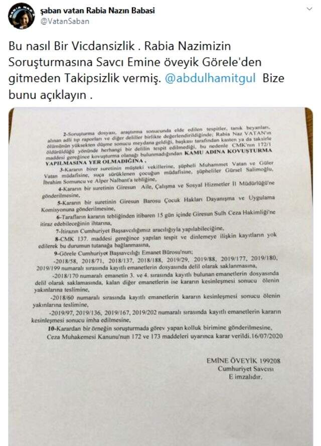 Rabia Naz'ın ölümüne ilişkin soruşturmada takipsizlik kararı verildi