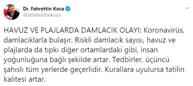 Sağlık Bakanı'ndan tatildekilere uyarı: Havuz ve denizlerdeki damlacıklardan koronavirüs bulaşabilir! Sağlık Bakanı'ndan tatildekilere uyarı: Havuz ve denizlerdeki damlacıklardan koronavirüs bulaşabilir!