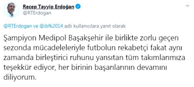 Cumhurbaşkanı Erdoğan, 2019-2020 şampiyonu Medipol Başakşehir'i tebrik etti