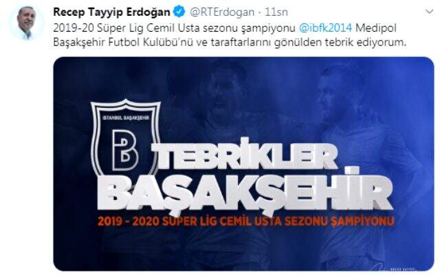 Cumhurbaşkanı Erdoğan, 2019-2020 şampiyonu Medipol Başakşehir'i tebrik etti