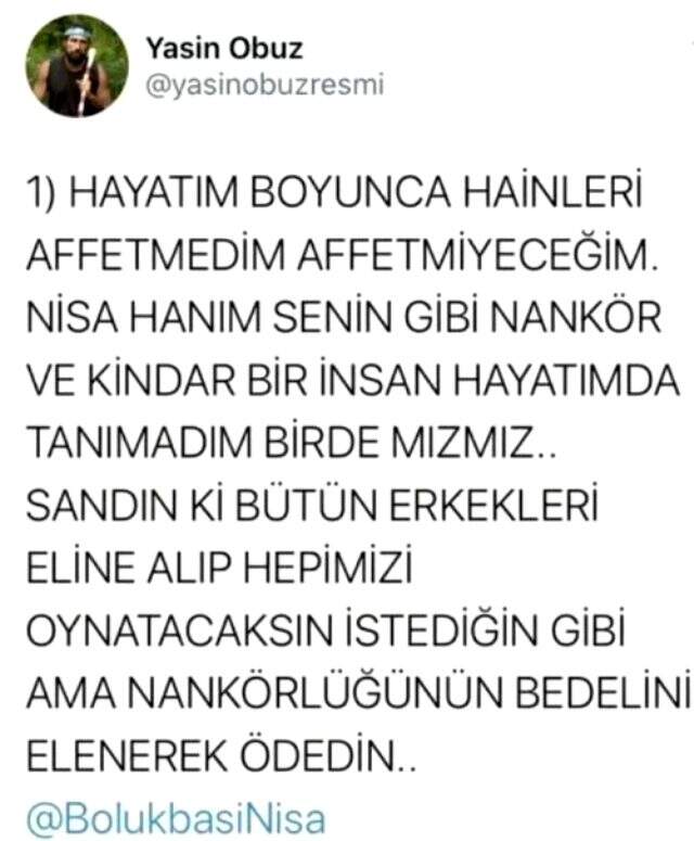 Yasin Obuz'dan Nisa'ya: Evrim yılansa, sen çıngıraklı yılansın
