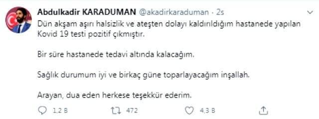 Saadet Partili Abdulkadir Karaduman'ın koronavirüs testi pozitif çıktı Saadet Partili Abdulkadir Karaduman'ın koronavirüs testi pozitif çıktı