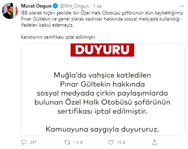 İBB, Pınar Gültekin hakkında çirkin paylaşımda bulunan şoföre acımadı