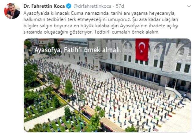 Bakan Koca, Ayasofya'da kılınacak namaz için uyarı: Tedbirli cumaları örnek alalım