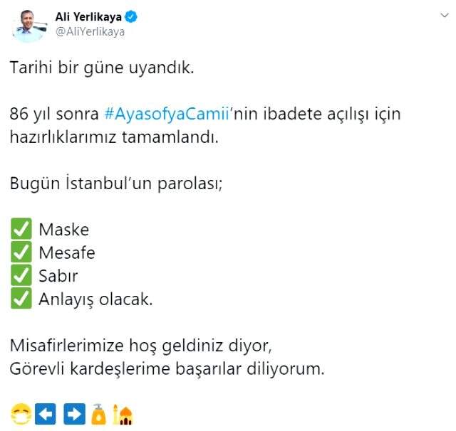 İstanbul Valisi Ali Yerlikaya, Ayasofya-i Kebir Cami-i Şerifi'nin ilk fotoğrafını paylaştı
