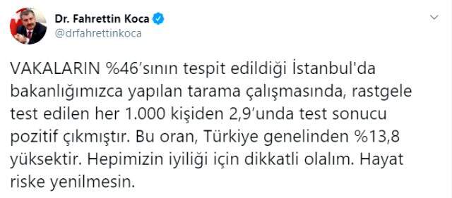 Son Dakika: Türkiye genelinde yapılan rastgele koronavirüs testinde 1000 kişiden 2,5'inde pozitif çıktı