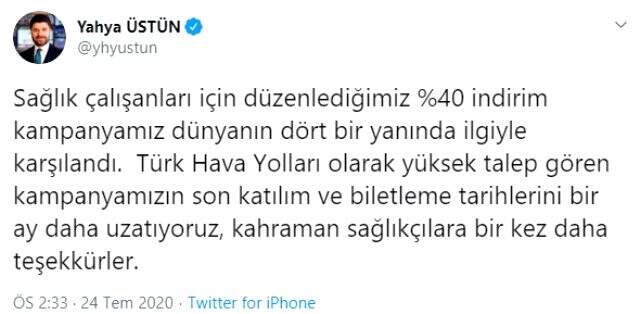 THY, sağlık çalışanlarına yüzde 40'lık indirim bir ay uzattı