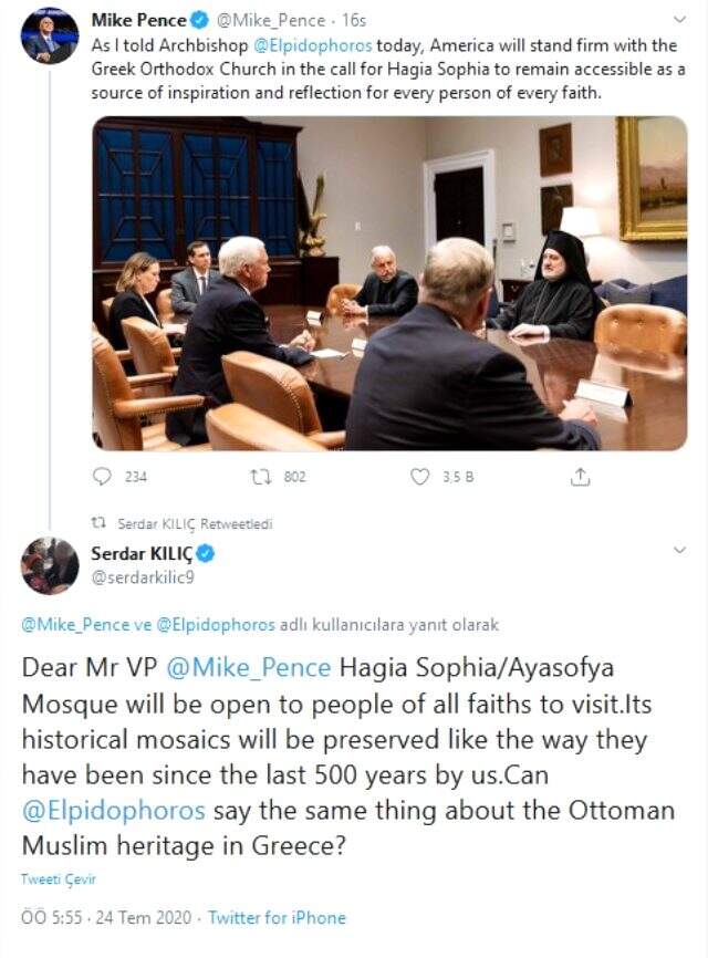 Türkiye'nin Washington Büyükelçisi Kılıç'tan, ABD Başkan Yardımcısı Pence'e Ayasofya yanıtı