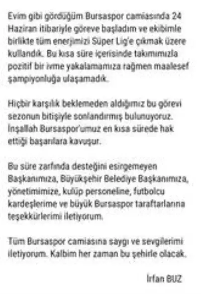 Son dakika haberi | İrfan Buz'dan Bursaspor'a veda mesajı Son dakika haberi | İrfan Buz'dan Bursaspor'a veda mesajı