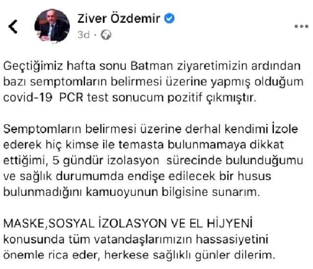 AK Parti Batman Milletvekili Ziver Özdemir koronavirüse yakalandı AK Parti Batman Milletvekili Ziver Özdemir koronavirüse yakalandı