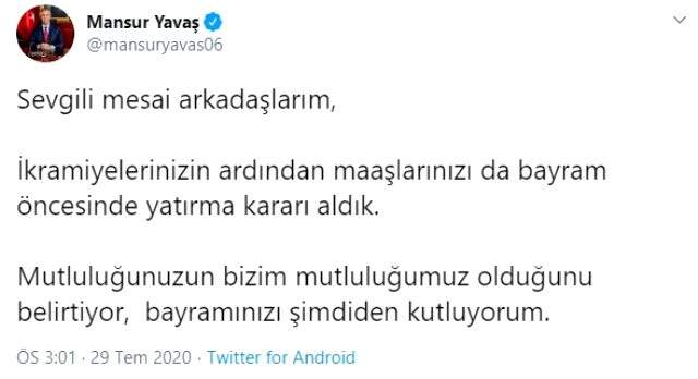 Mansur Yavaş'tan belediye çalışanlarına büyük jest: Maaşlar bayram öncesi yatırılacak