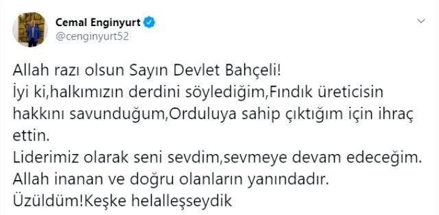 MHP'den ihraç edilen Cemal Enginyurt, Bahçeli için mesaj yayınladı: Allah doğru olanların yanındadır