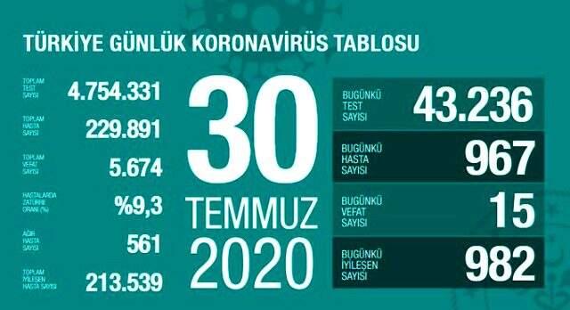 Son Dakika: Türkiye'de 31 Temmuz günü koronavirüs nedeniyle 17 kişi vefat etti, 982 yeni vaka tespit edildi Son Dakika: Türkiye'de 31 Temmuz günü koronavirüs nedeniyle 17 kişi vefat etti, 982 yeni vaka tespit edildi
