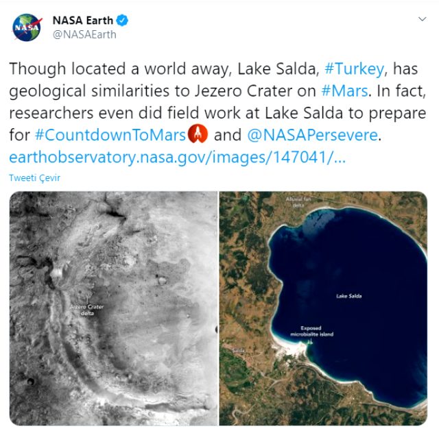 NASA, Salda Gölü'nü Twitter'dan paylaştı Mars'taki kratere benzetti