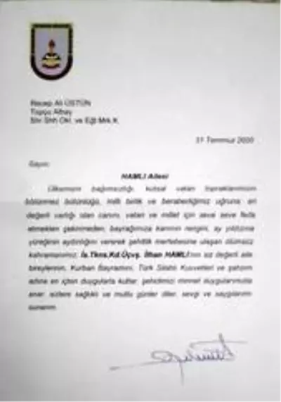 Garnizon Komutanı Üstün'den şehit ailelerine mektup Garnizon Komutanı Üstün'den şehit ailelerine mektup
