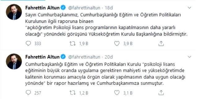 Son Dakika: Erdoğan, 'açıköğretim psikoloji lisans programlarının kapatılmasının daha yararlı olacağı' görüşünü YÖK'e bildirdi Son Dakika: Erdoğan, 'açıköğretim psikoloji lisans programlarının kapatılmasının daha yararlı olacağı' görüşünü YÖK'e bildirdi