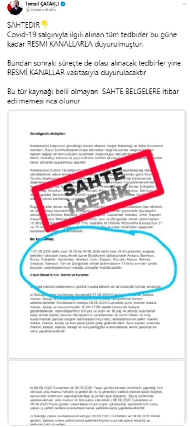 İçişleri Bakanlığı'ndan hafta sonu sokağa çıkma kısıtlaması iddiasına yanıt: Sahte belgelere itibar etmeyin İçişleri Bakanlığı'ndan hafta sonu sokağa çıkma kısıtlaması iddiasına yanıt: Sahte belgelere itibar etmeyin