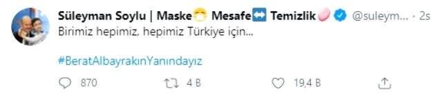 Soylu'dan Albayrak'a destek paylaşımı: Birimiz hepimiz, hepimiz Türkiye için Soylu'dan Albayrak'a destek paylaşımı: Birimiz hepimiz, hepimiz Türkiye için
