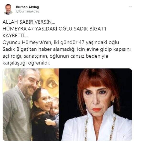 Hümeyra'nın 47 yaşındaki oğlu Sadık Bigat hayatını kaybetti Hümeyra'nın 47 yaşındaki oğlu Sadık Bigat hayatını kaybetti