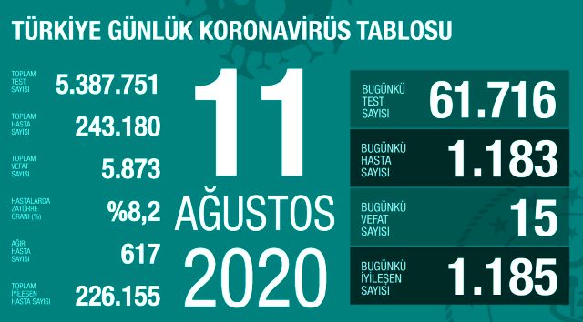 Son Dakika: Türkiye'de 11 Ağustos günü koronavirüs kaynaklı 15 can kaybı, 1183 yeni vaka tespit edildi