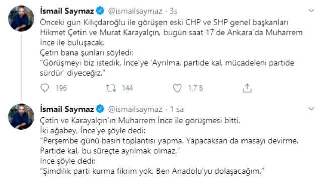 Yeni parti kuracağı konuşulan Muharrem İnce, kararını verdi: Şimdilik böyle bir düşüncem yok Yeni parti kuracağı konuşulan Muharrem İnce, kararını verdi: Şimdilik böyle bir düşüncem yok