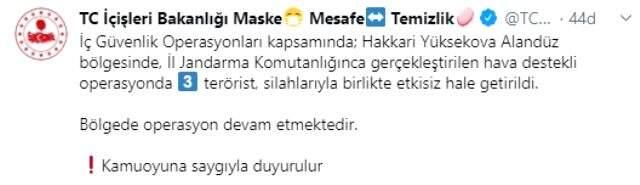Hakkari'de hava destekli operasyon: 3 terörist etkisiz hale getirildi Hakkari'de hava destekli operasyon: 3 terörist etkisiz hale getirildi